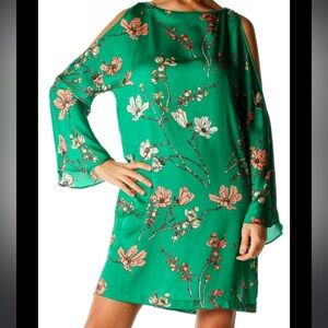 Green Zara Silky Floral Mini Dress short Satin Medium Bell Sleeve Cold Shoulder
